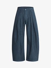 Vintage Pinstripe Pleated Wide-Leg Barrel Pants; Blue / S, Blue / M, Blue / L, Blue / XL, Blue / 2XL