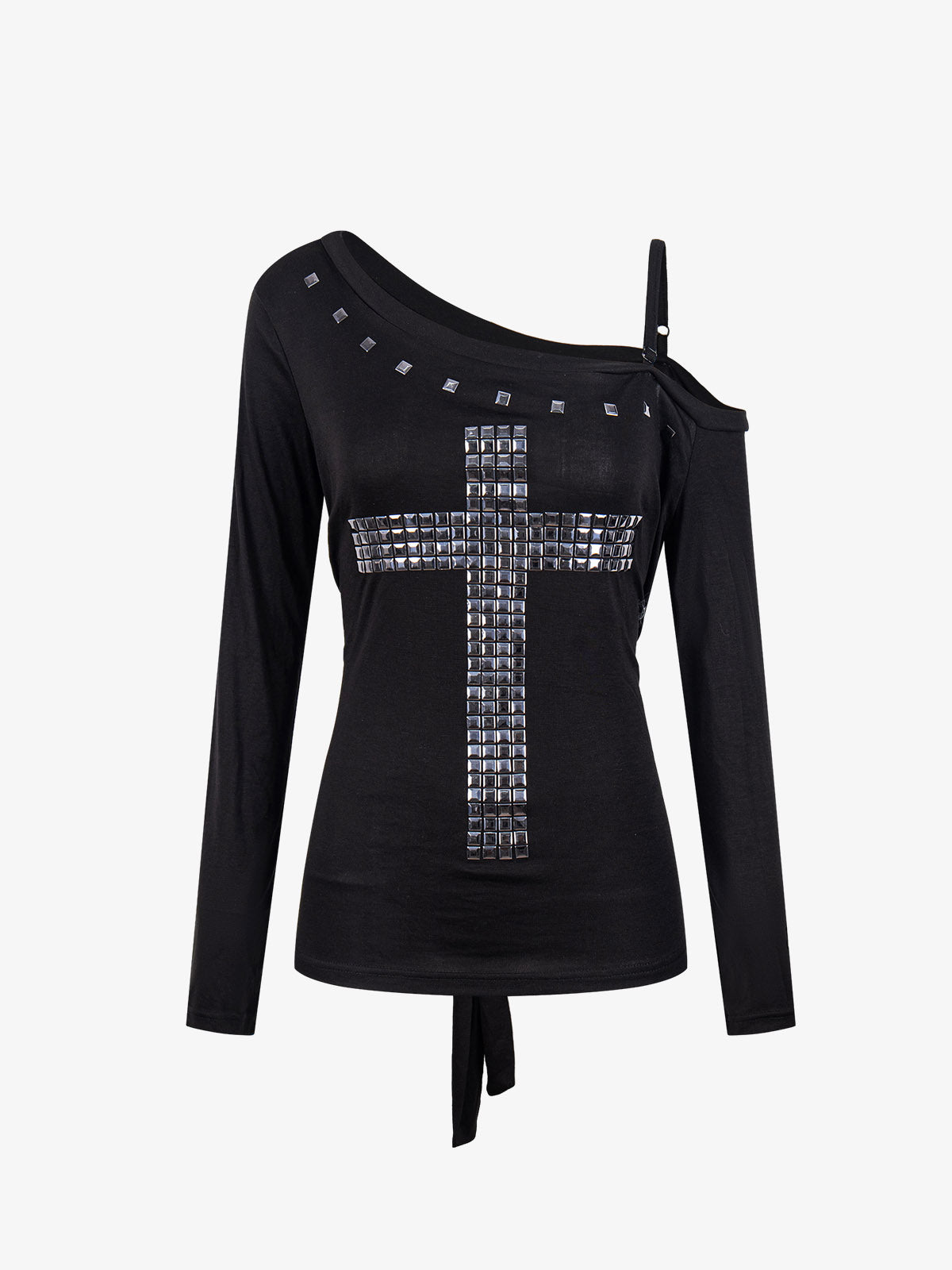 Off-Shoulder Cross Stud Long Slim Sleeve Tee