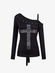 Off-Shoulder Cross Stud Long Slim Sleeve Tee