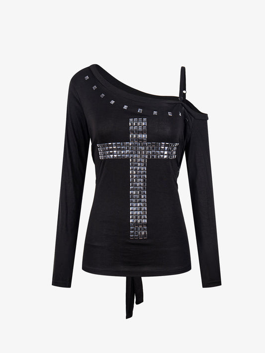 Off-Shoulder Cross Stud Long Slim Sleeve Tee