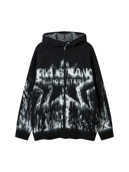 Thesupermade Star Mohair Fuzzy Hooded Zip Up Sweater 