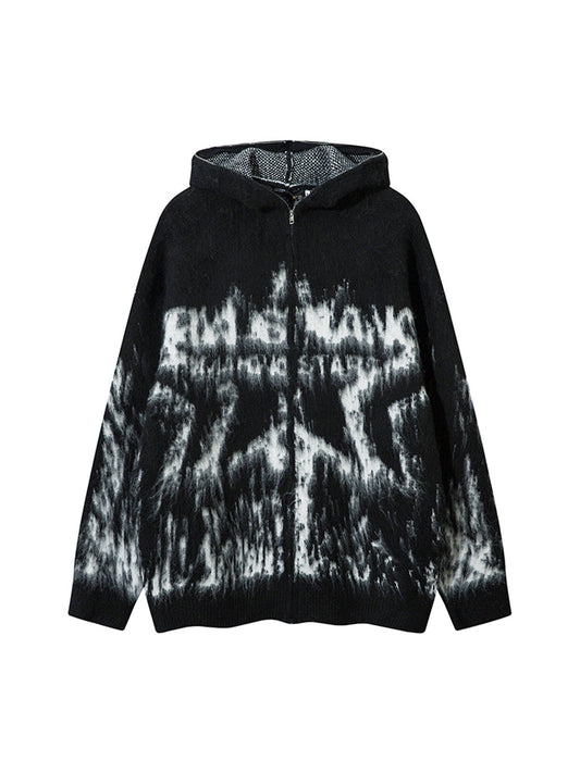 Thesupermade Star Mohair Fuzzy Hooded Zip Up Sweater 