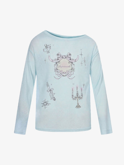 Off Shoulder Bow Graphic Long Sleeve T-Shirt 
