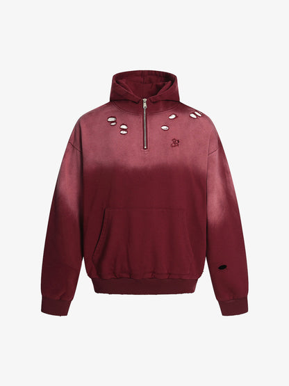 Street Distressed Half-Zip Ripped Hoodie 