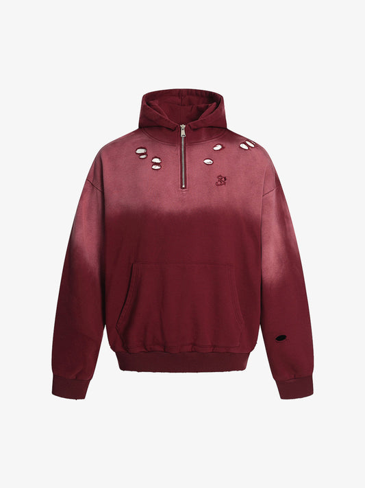 Street Distressed Half-Zip Ripped Hoodie 