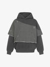 Distressed Patchwork Raw-Edge Layered-Hem Fleece Hoodie 