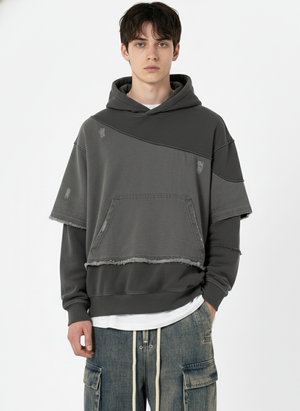 Distressed Patchwork Raw-Edge Layered-Hem Fleece Hoodie 