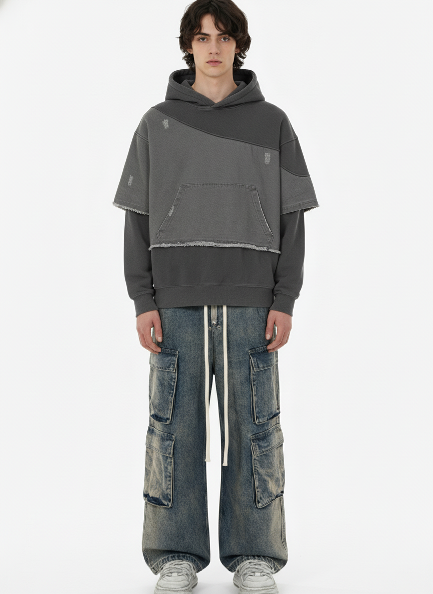 Distressed Patchwork Raw-Edge Layered-Hem Fleece Hoodie 