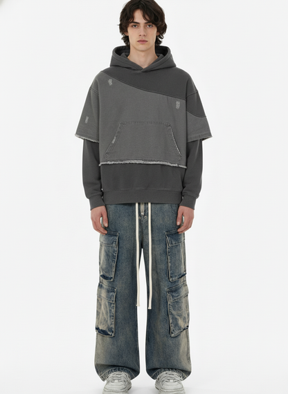 Distressed Patchwork Raw-Edge Layered-Hem Fleece Hoodie 