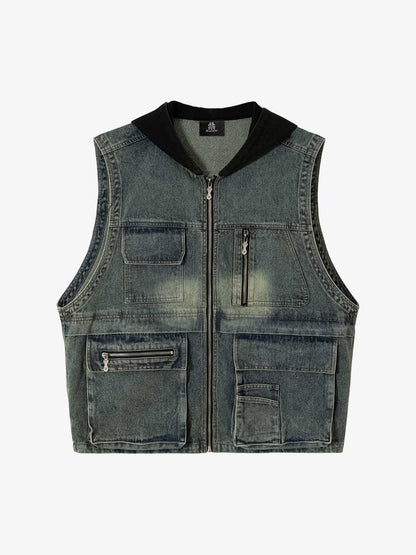Thesupermade Functional Multi-pocket Hooded Denim Vest 