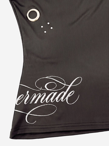 Letter Embroidered Rhinestone Eyelet Ribbed Tank Top