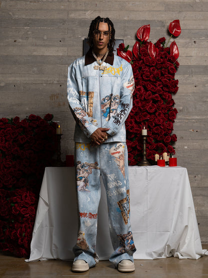 Artistic Denim Wide-Leg Jeans with Angelic Prints and Graffiti Details 