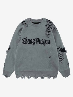 High Street Ripped Raw Edge Knitted Letter Jacquard Sweater 