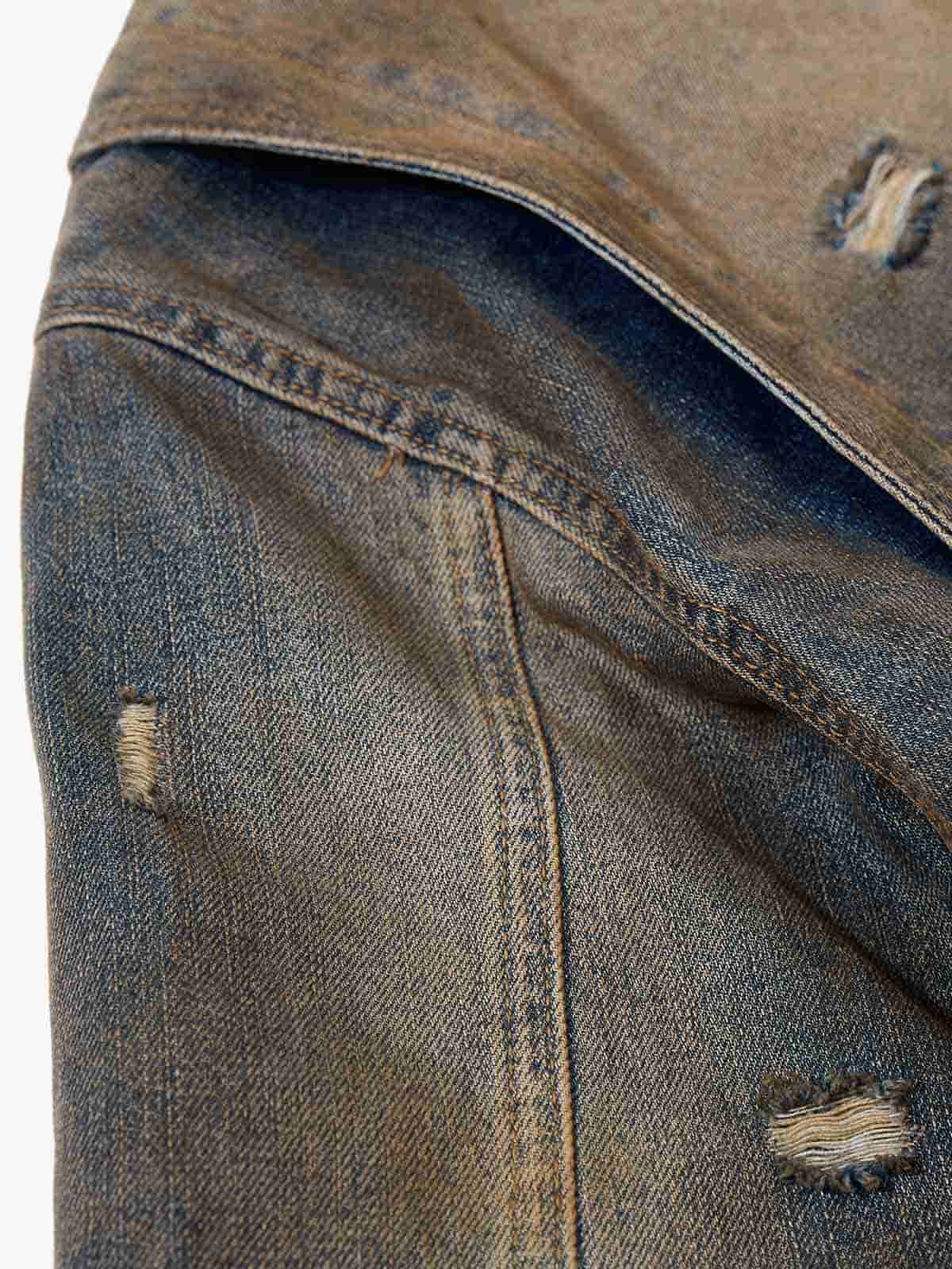 Vintage Washed Distressed Denim Zip Up Jacket