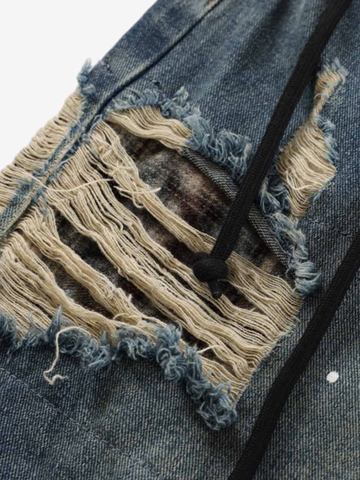 Denim Patchwork Wide Leg Pants with Drawstring Waist and Distressed Details 