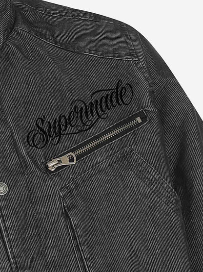 Embroidered Distressed Cropped Denim Biker Jacket