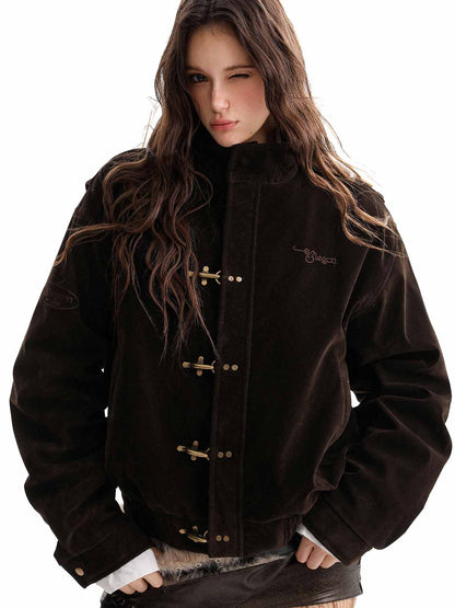 Vintage Suede Embroidered Toggle-Buckle Stand Collar Down Jacket 