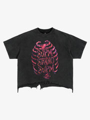 Skull Graphic Brushed Distressed Cropped Tee