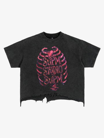 Skull Graphic Brushed Distressed Cropped Tee