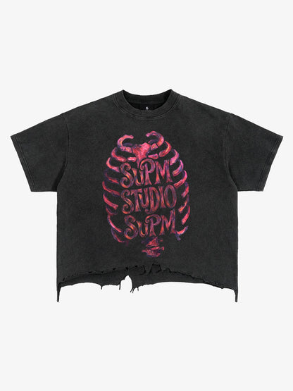 Skull Graphic Brushed Distressed Cropped Tee