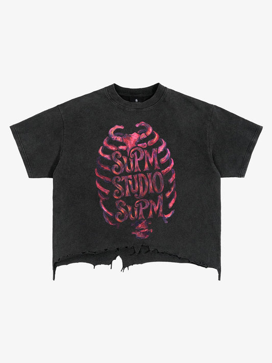 Skull Graphic Brushed Distressed Cropped Tee