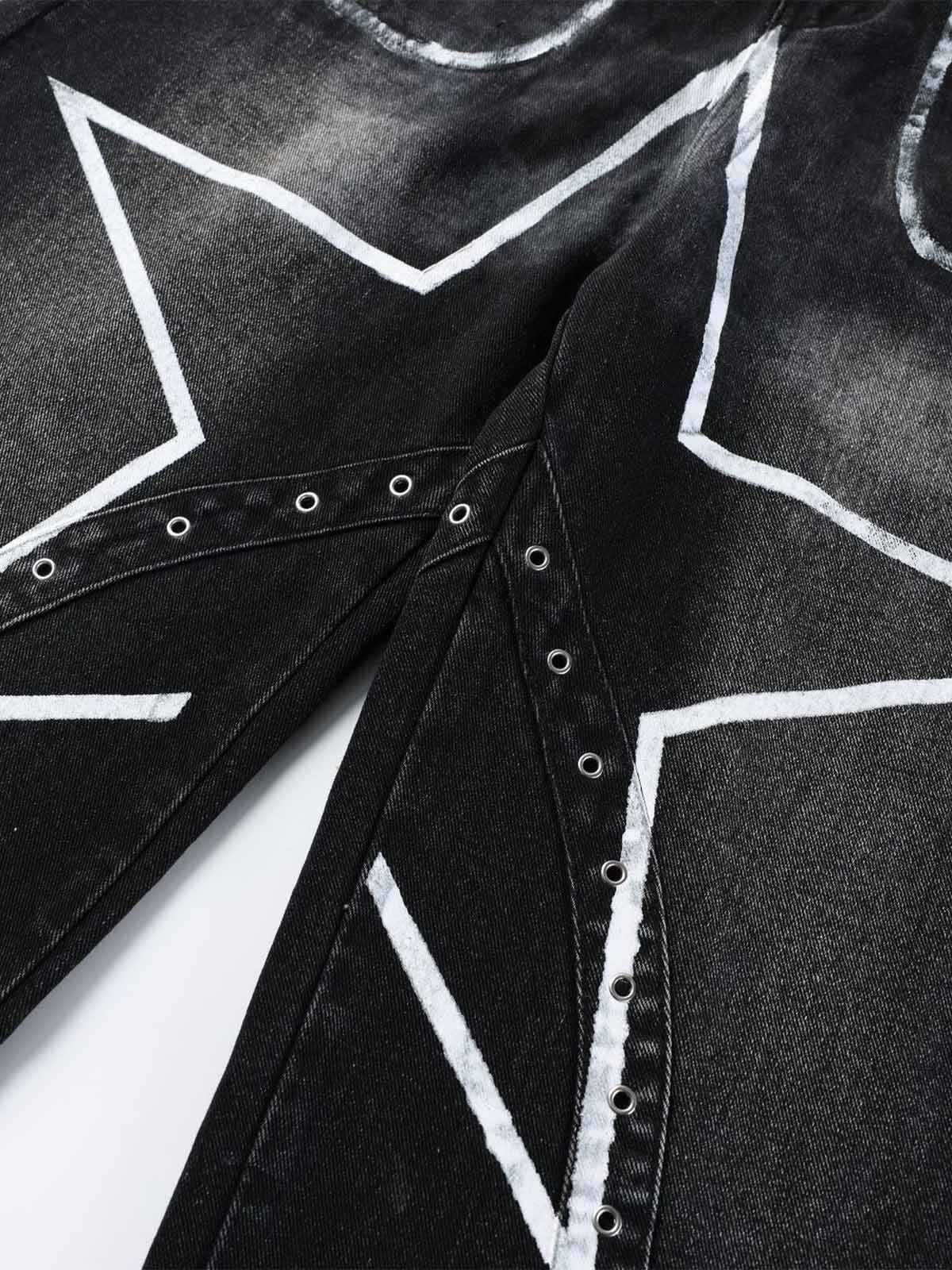 Hand-Painted Graphic Distressed Wide-Leg Jeans