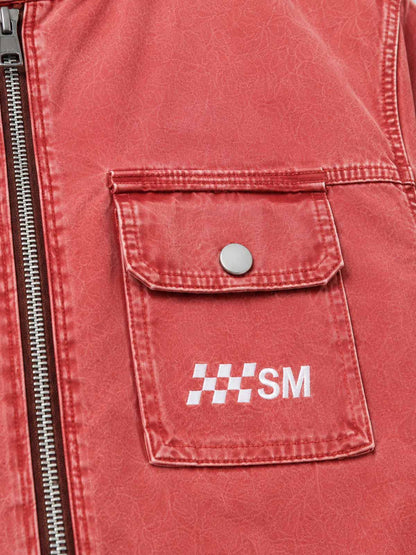 Washed Multi-Pocket Cropped Boxy Biker Jacket