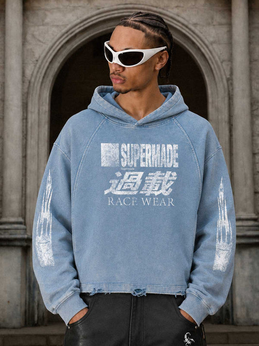 Racing Letter Flame Graphic Distressed Cropped Hoodie