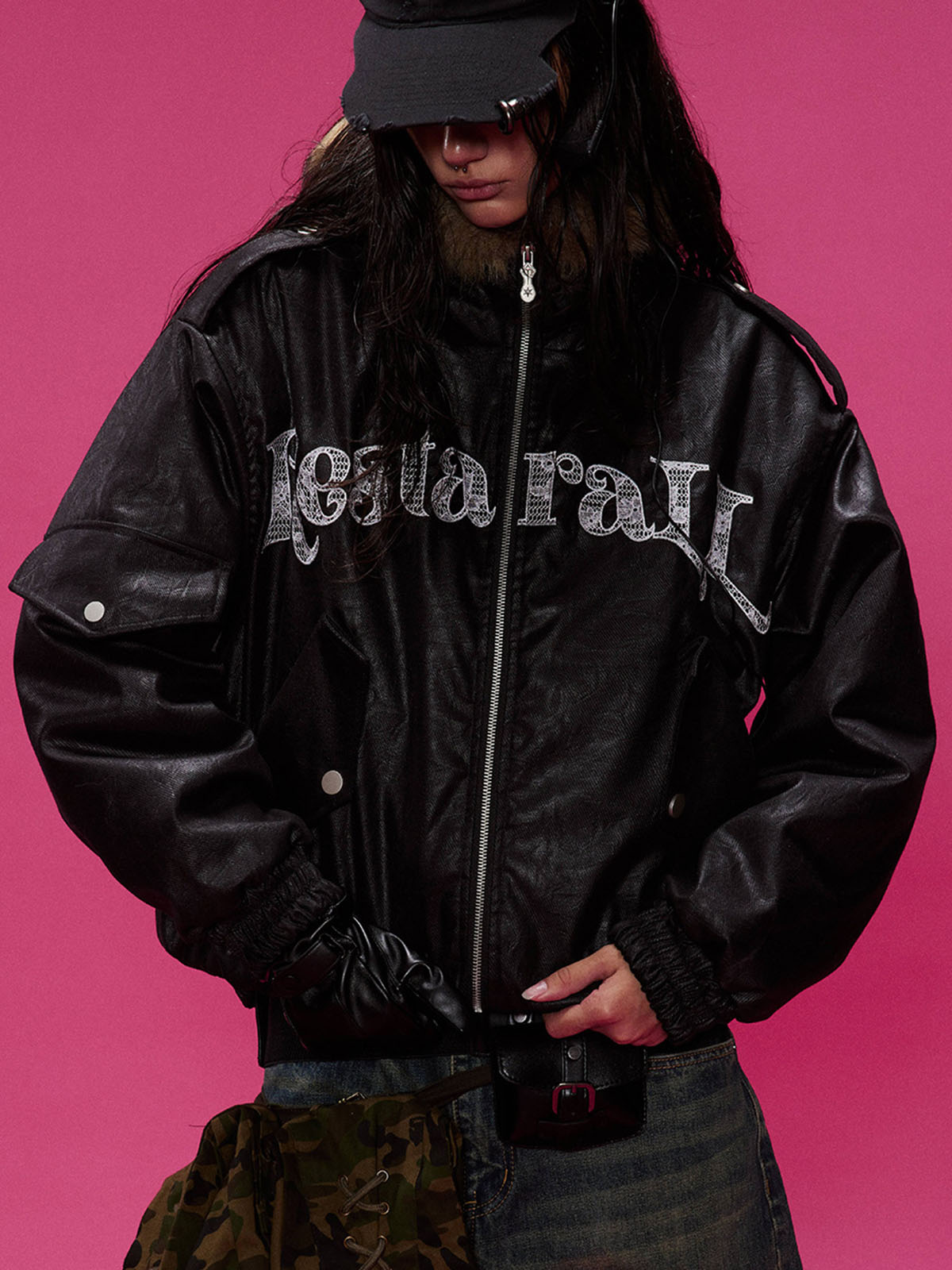 Lace Lettering Fur Hooded Leather Quited Jacket 