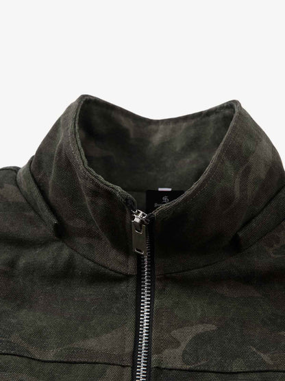 Retro Camo Faux Fur Trim Detachable Hooded Jacket 