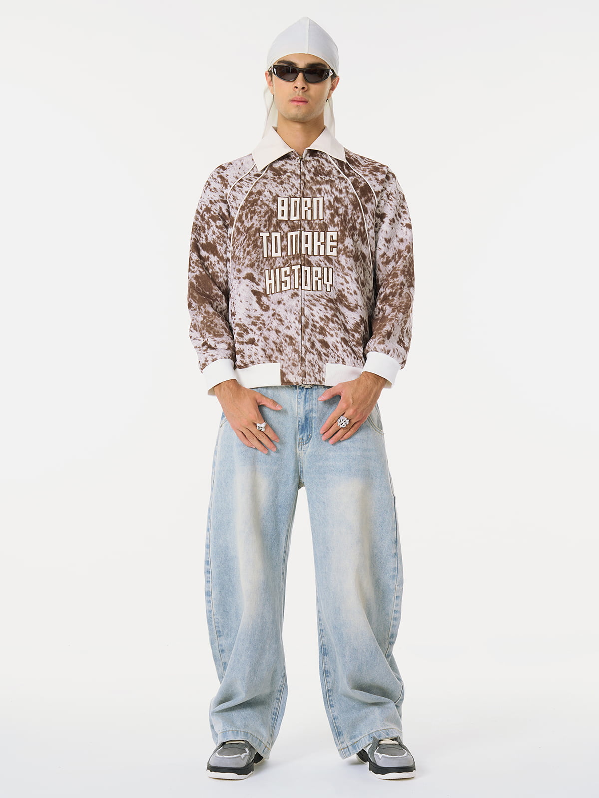 “Born to Make History” Slogan Embroidered Snow Leopard Fleece Jacket 