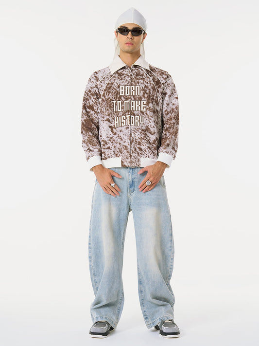 “Born to Make History” Slogan Embroidered Snow Leopard Fleece Jacket 
