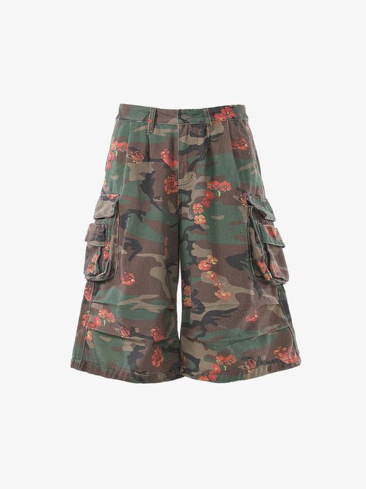Vintage Floral Camo Multi-Pocket Cargo Shorts 