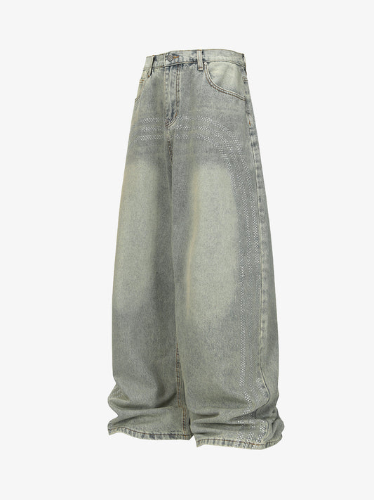 Retro Denim Rhinestone Striped Baggy Jeans 
