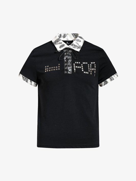 Cotton Polo Shirt with Leopard Print Collar & Cuff Detail