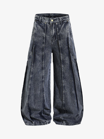 Washed Geometric Panel Barrel Jeans 