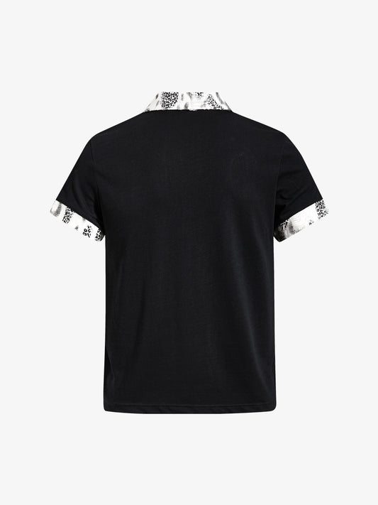 Cotton Polo Shirt with Leopard Print Collar & Cuff Detail