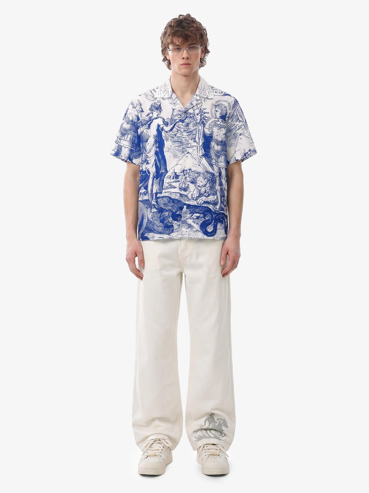 Mythological Graphic Camp Collar Boxy Shirt 