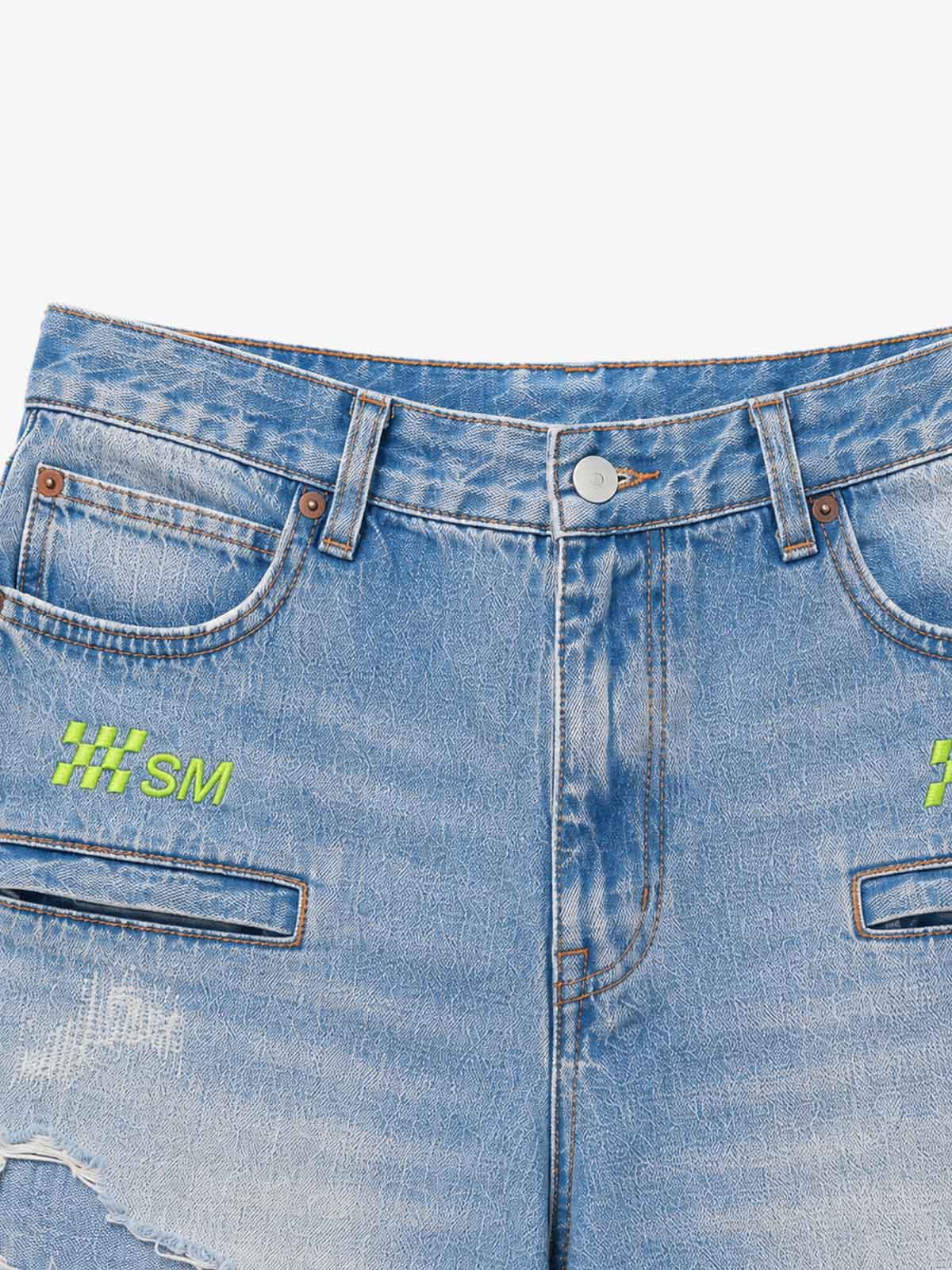 Double-Zip Paneled Distressed Bootcut Jeans