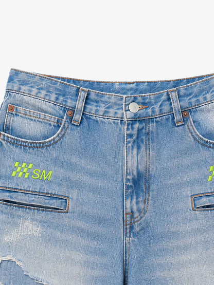 Double-Zip Paneled Distressed Bootcut Jeans