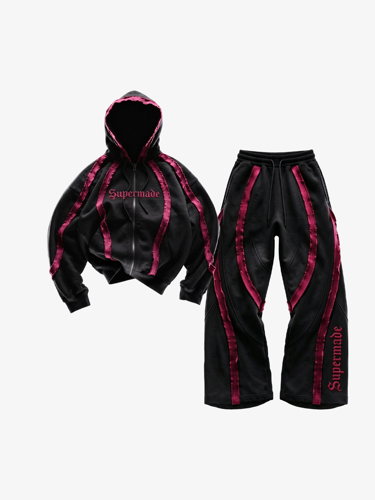 Pink Contrast Stripe Zip Hoodie & Curved-Leg Pants Set