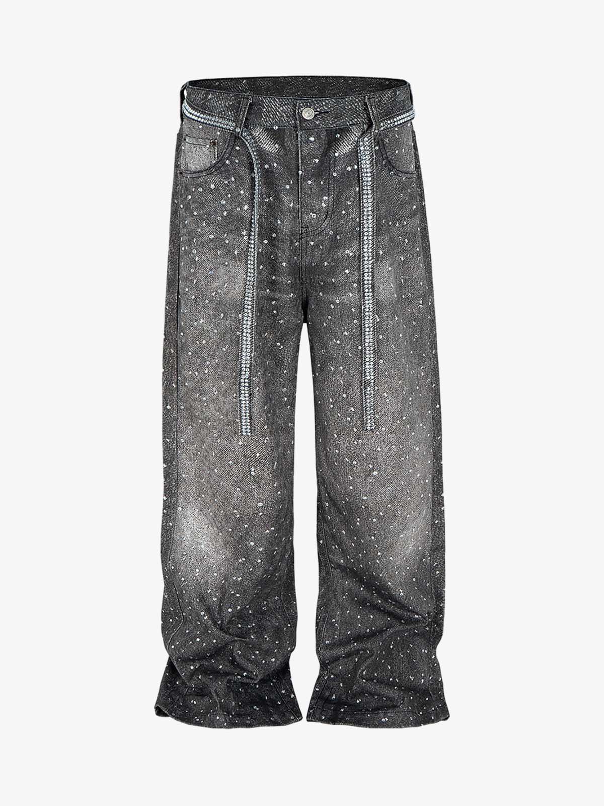 Denim Distressed Belt Diamond Decorated Jeans 