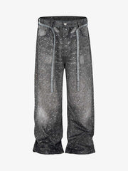 Denim Distressed Belt Diamond Decorated Jeans 