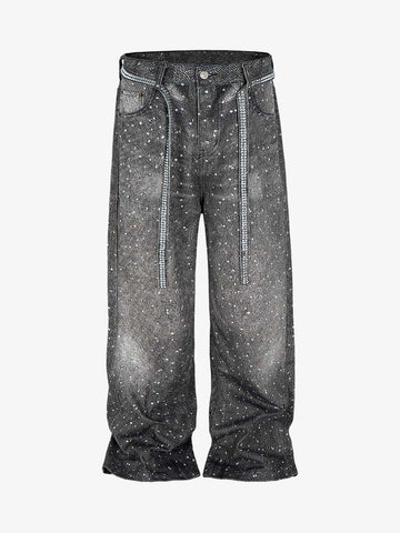 Denim Distressed Belt Diamond Decorated Jeans 