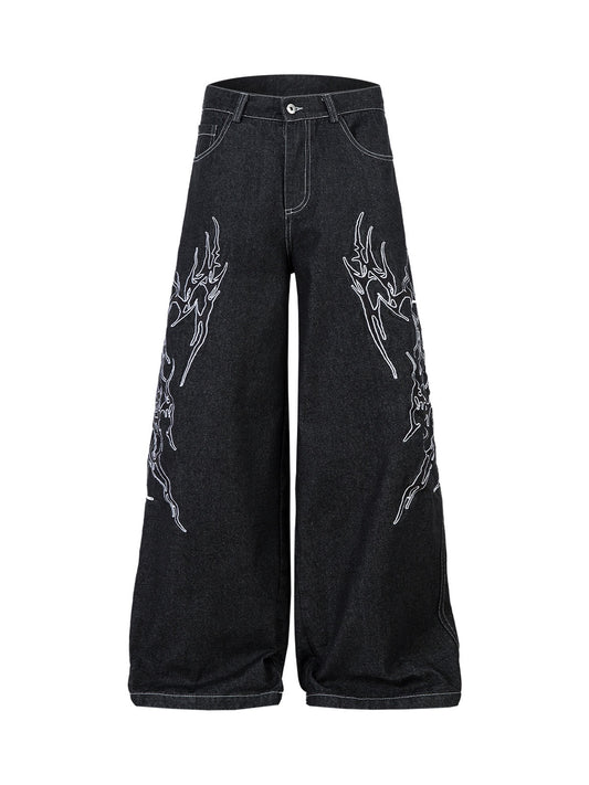 Embroidered Flame Baggy Jeans