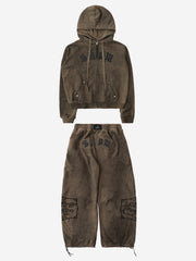 Embroidered Washed Distressed Hoodie & Wide-Leg Pants Set
