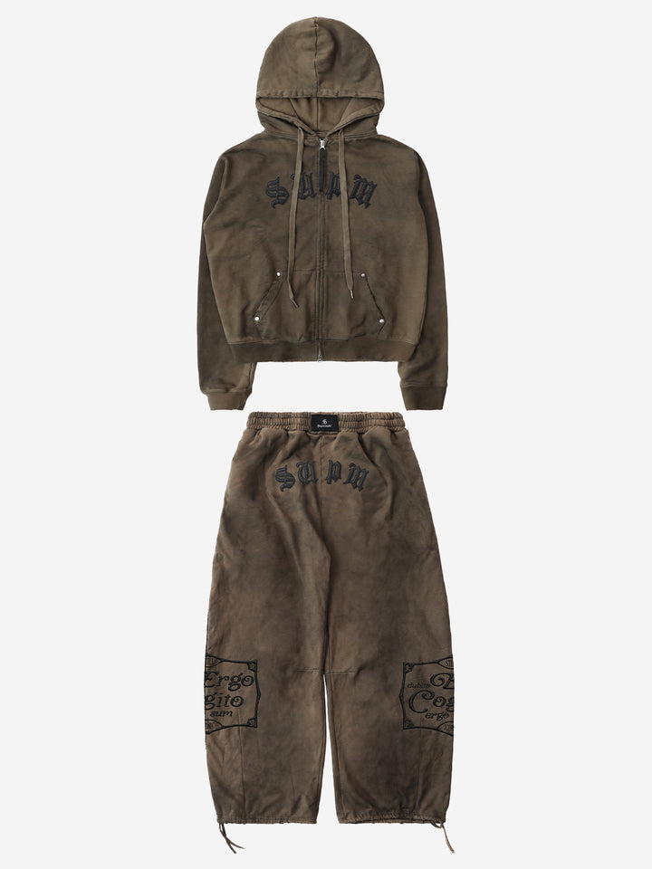Embroidered Washed Distressed Hoodie & Wide-Leg Pants Set