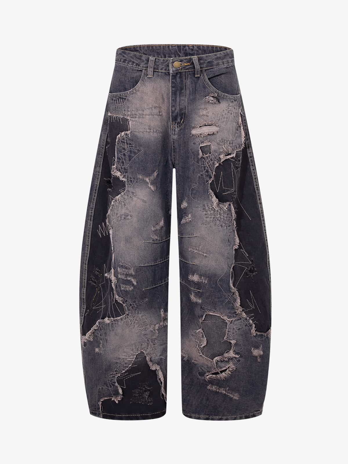 Vintage Washed Patchwork Distressed Barrel Jeans 
