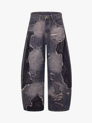 Vintage Washed Patchwork Distressed Barrel Jeans 