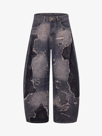 Vintage Washed Patchwork Distressed Barrel Jeans 